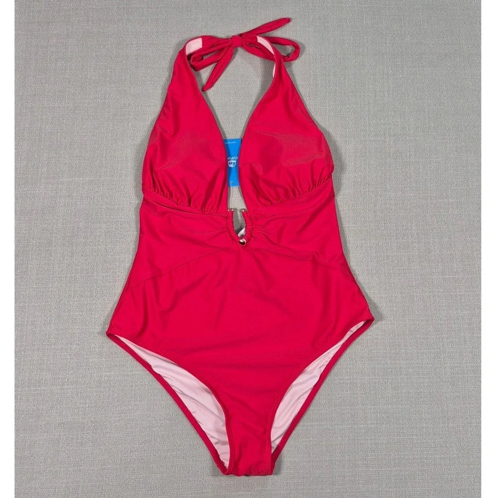 Cupshe Red Deep V Neck Ruched Halter One Piece‎ Swimsuit New Size L